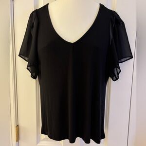 1. State women’s sz XL Blouse, Black Sheer Flutter Sleeve, ribbed, v-neck, EUC